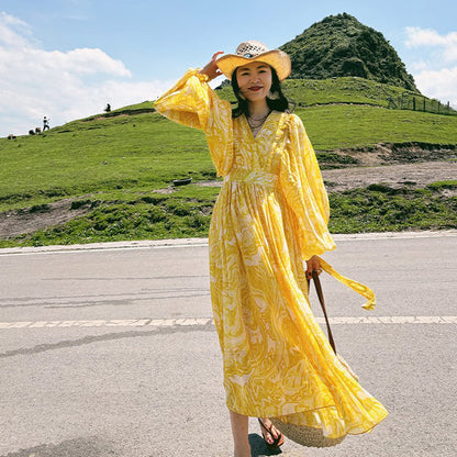 【ワンピース】リゾート風 Vネック ハイウエスト バルーンスリーブ 長袖ワンピース【SHシリーズ】