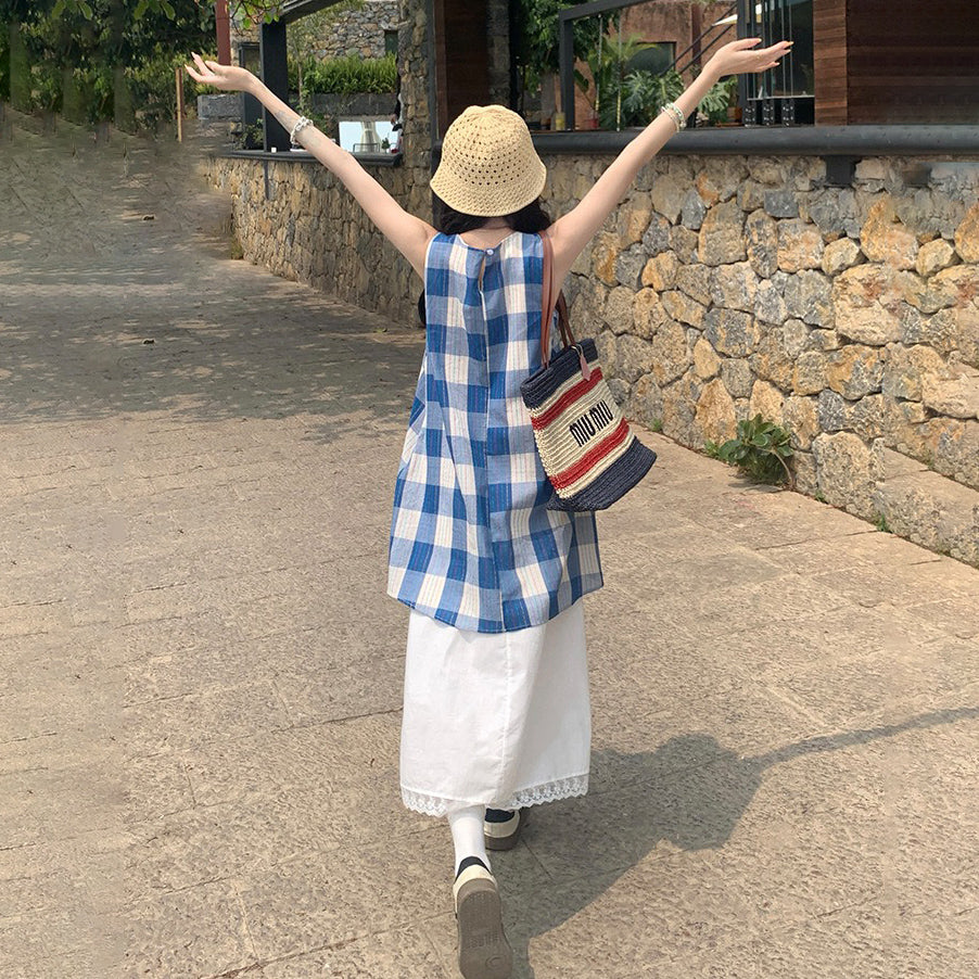 【ワンピース】夏の元気ガール 韓国風シック シンプルなフェイクレイヤード チェック柄ノースリーブワンピース【SHシリーズ】