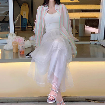 【アウター】リボンストライプ UVカットシャツ 春夏 韓国風 ゆったり スイート【SHシリーズ】