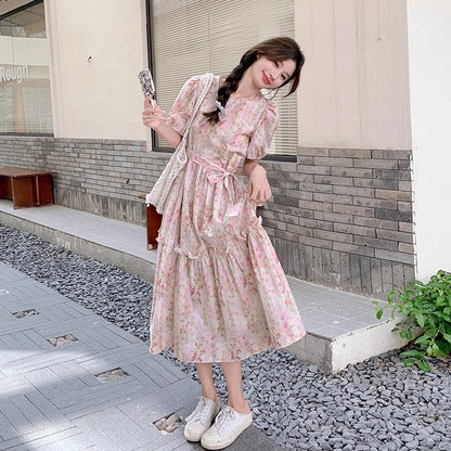 【ワンピース】夏 フレンチカントリー風 ラウンドネック パフスリーブ フラワープリント 半袖ワンピース【SHシリーズ】