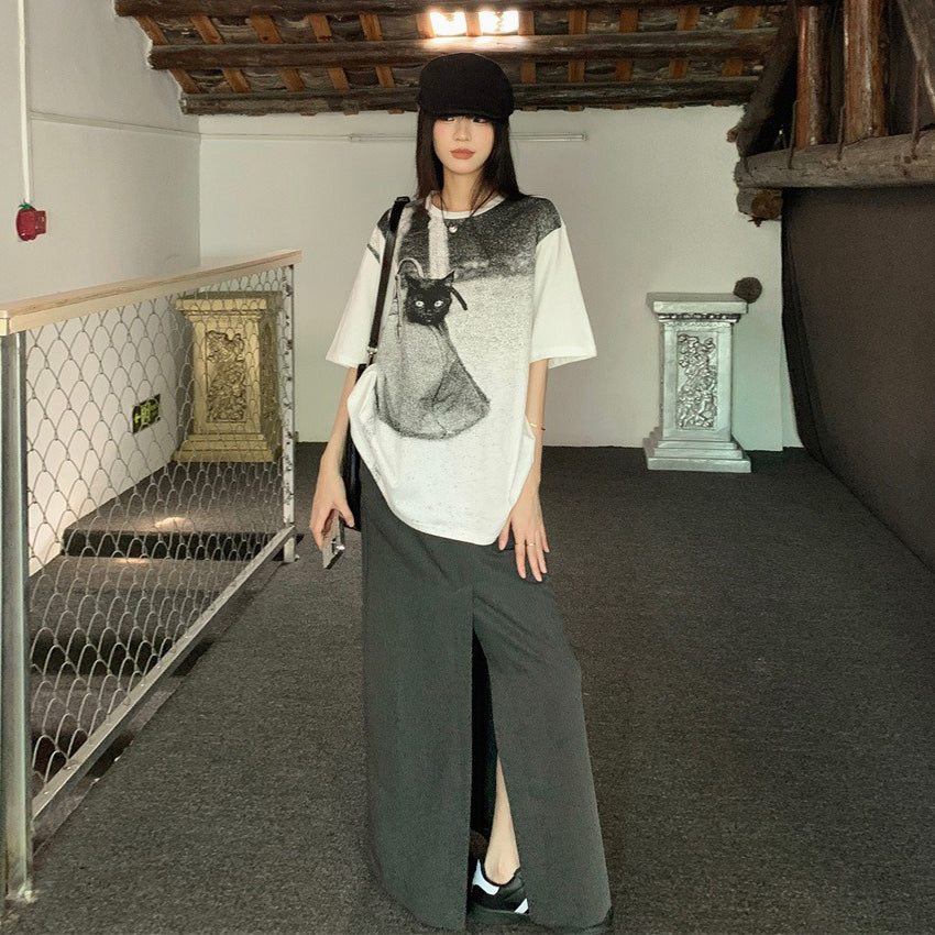 【トップス】Tシャツ レディース キャットプリント 猫柄 クルーネック 半袖 コットン100% オーバーサイズ カジュアル【JZシリーズ】