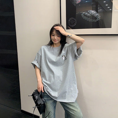 【トップス】レトロカジュアル ドッグ刺繍Tシャツ コットン半袖 オーバーサイズ ゆるっとシルエット リラックス感【FCシリーズ】