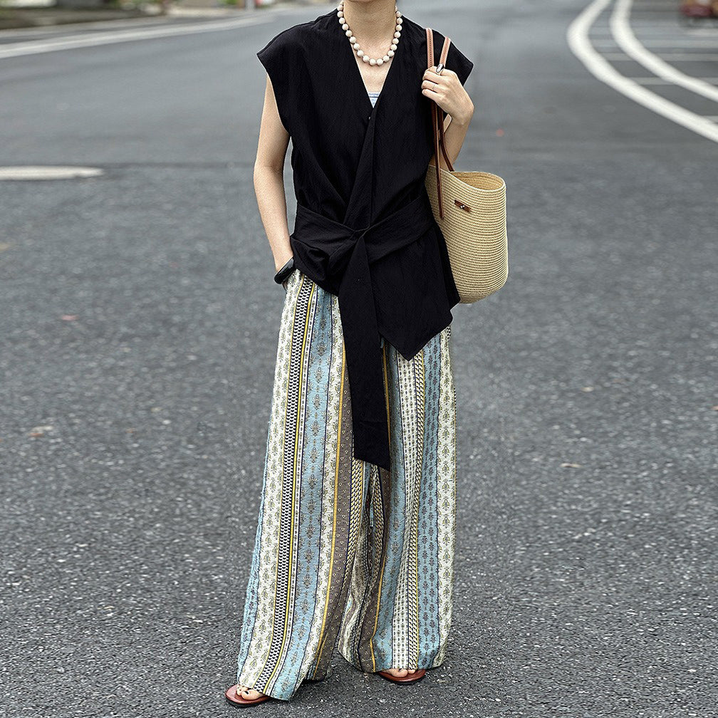 【ボトムス】リゾート風 カジュアルパンツ ハイウエスト ワイドシルエット 薄手 パンツ 美脚見え効果【SHシリーズ】