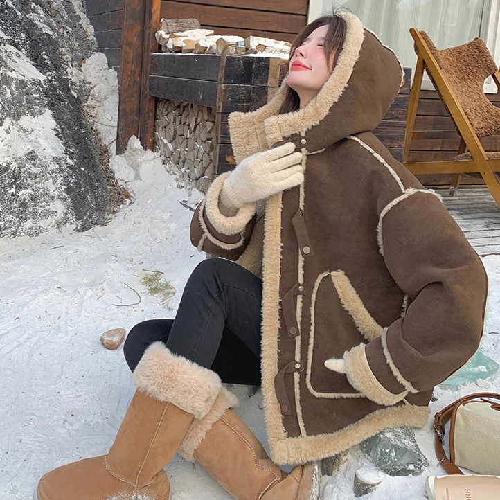 【アウター】キャメルスエード調フード付きフェイクムートンコート 冬 カラー切替 ボア裏地 保温 中綿ジャケット レディース【JZシリーズ】