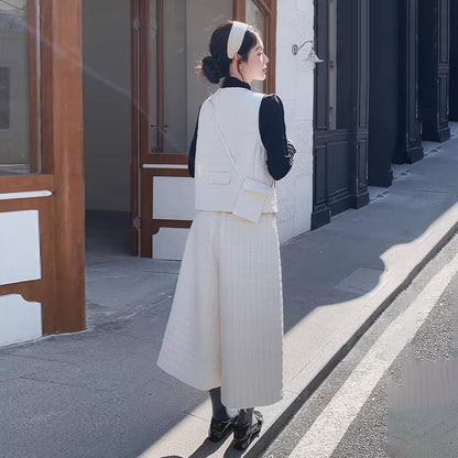 3点セット！【セットアップ】春新作 フェミニン×上品 グレー ベスト＋ワイドパンツ＋インナー 上下セット 通勤 オシャレ見え 大人可愛い【JZシリーズ】