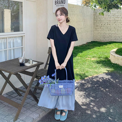 【ワンピース】配色切替 Vネック 半袖ワンピース レディース 夏 ゆったり ロング丈 リラックスシルエット カジュアル【JZシリーズ】