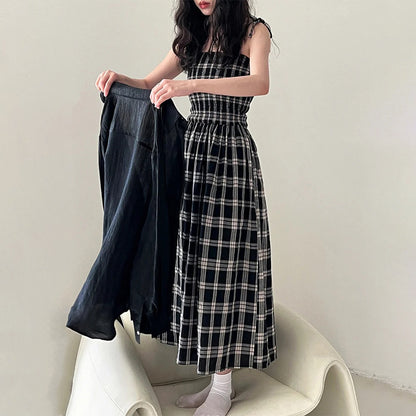 【ワンピース】夏 高級感 レトロ チェック柄 ストラップドレス【SNシリーズ】