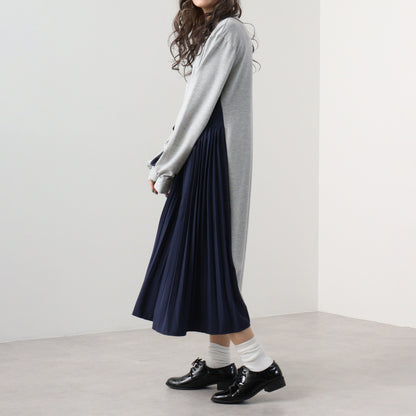 【24AW】【ワンピース】レトロ ラウンドネック 配色 ルーズ  切り替え 長袖ワンピース