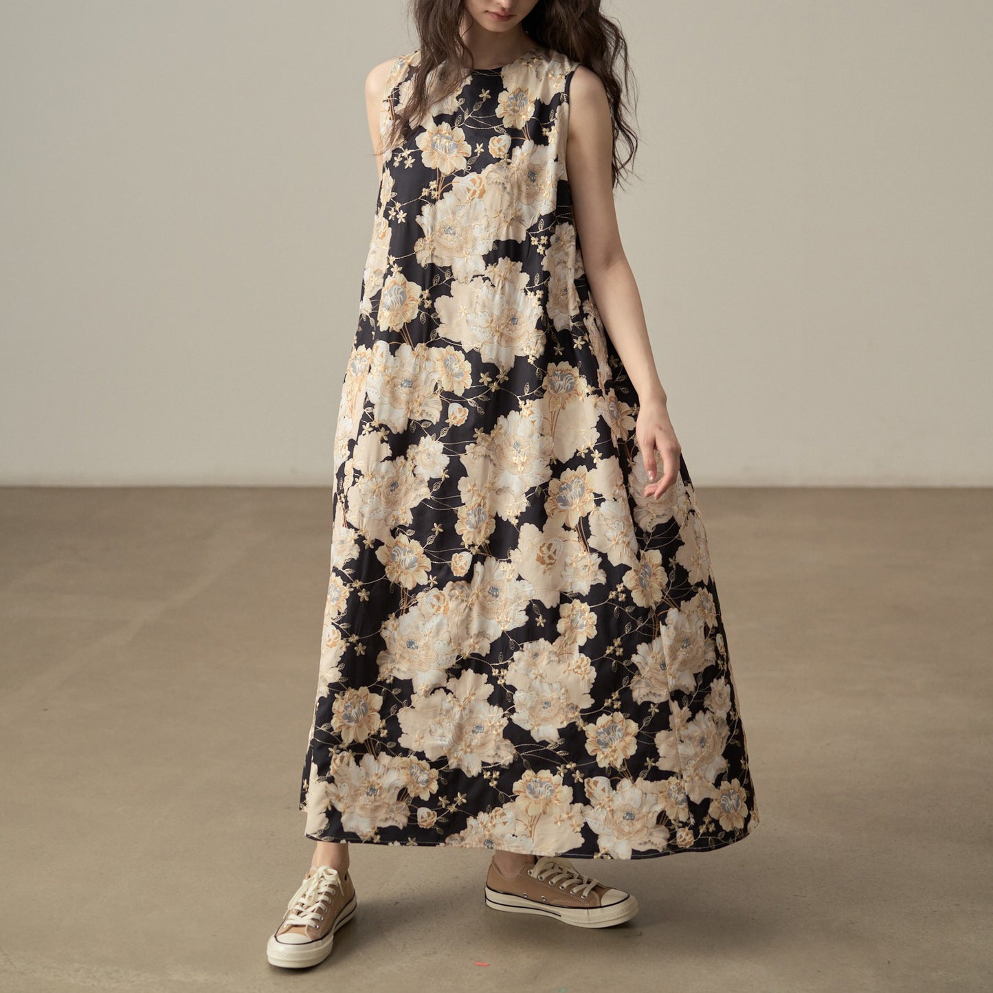 【ワンピース】フレンチレトロ 刺繍プリント 気質キャミワンピース ミモレ丈 ノースリーブワンピース【SHシリーズ】【JZシリーズ】