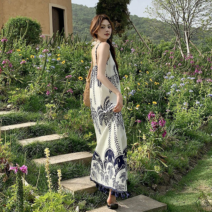 【ワンピース】ボヘミアン 民族風 プリント バカンス Vネック ノースリーブワンピース【SHシリーズ】