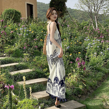 【ワンピース】ボヘミアン 民族風 プリント バカンス Vネック ノースリーブワンピース【SHシリーズ】