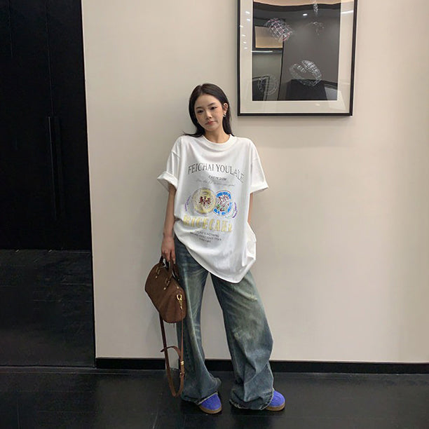 【トップス】デザイン感 カートゥーングラフィックTシャツ 薄手 半袖 オーバーサイズ ルーズシルエット 個性派カジュアル【FCシリーズ】