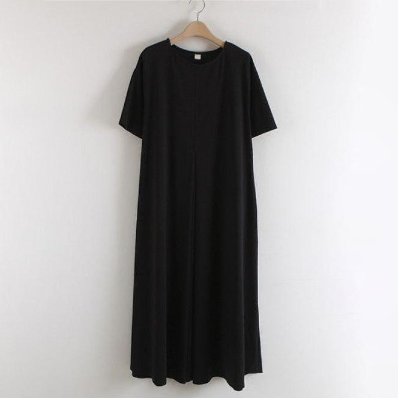 【ワンピース】🌸春夏 新作 韓国風 ラウンドネック 半袖 ワンピース ゆったり ロング丈 スリット入り レディース【JZシリーズ】