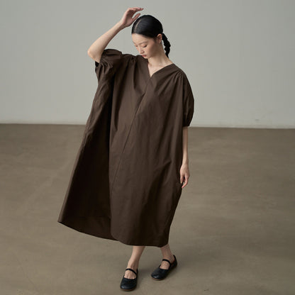 【ワンピース】夏新作 フランス風 Vネック パフ袖 無地ロングドレス 後ろ開き ゆったりシルエット 半袖ワンピース【JZシリーズ】