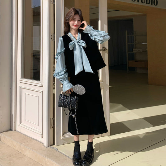 2点セット！【セットアップ】フレンチレトロ リボンブラウス＆スカート 上下セット 2026春新作 上品 レディース【JZシリーズ】