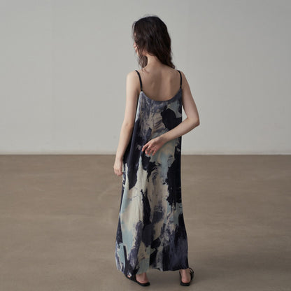 【ワンピース】フレンチヴィンテージ水墨画プリント・ゆったりカジュアル・ノースリーブワンピース【SHシリーズ】