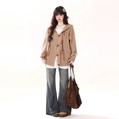 【アウター】ヴィンテージ風 スター＆ウサギ耳付き ニットカーディガン ゆったり リラックススタイル【FCシリーズ】