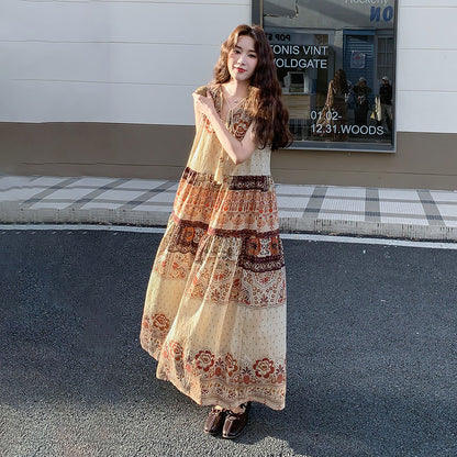 【ワンピース】フレンチヴィンテージ 花柄ボヘミアンワンピース ゆったり 夏新作 ノースリーブワンピース【SHシリーズ】