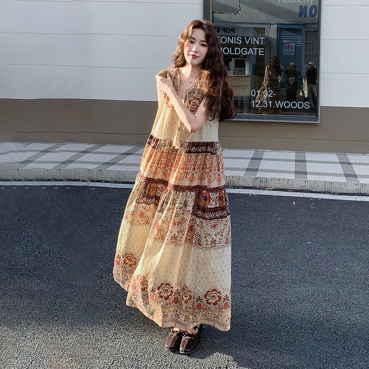 【ワンピース】フレンチヴィンテージ 花柄ボヘミアンワンピース ゆったり 夏新作 ノースリーブワンピース【SHシリーズ】