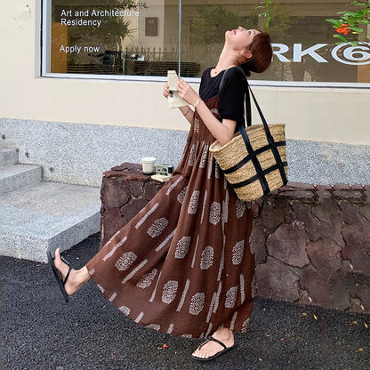 【ワンピース】韓国風ファッション カフェブラウン小花柄 ノースリーブキャミワンピース【SHシリーズ】