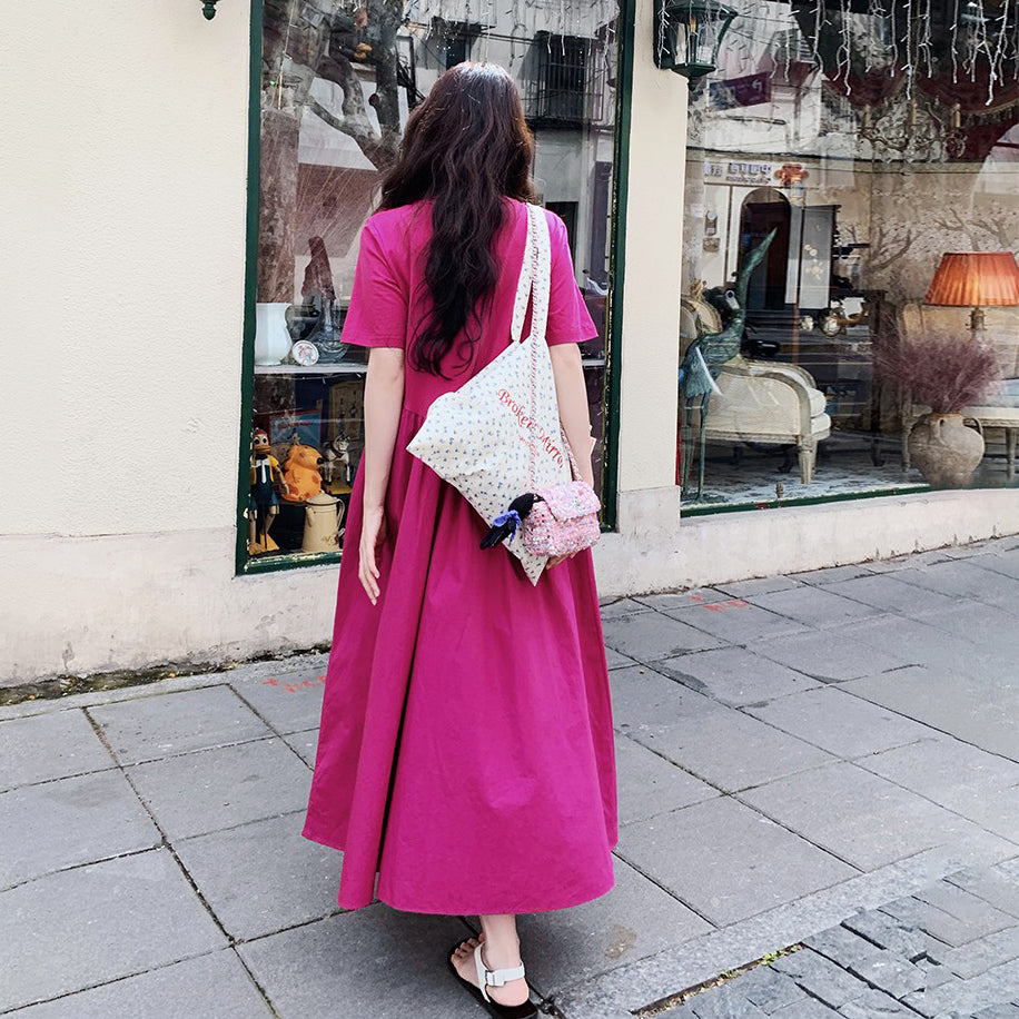 【ワンピース】魅力爆発 ドラゴンフルーツカラー切り替え 半袖ワンピース 若見え おしゃれ感満点