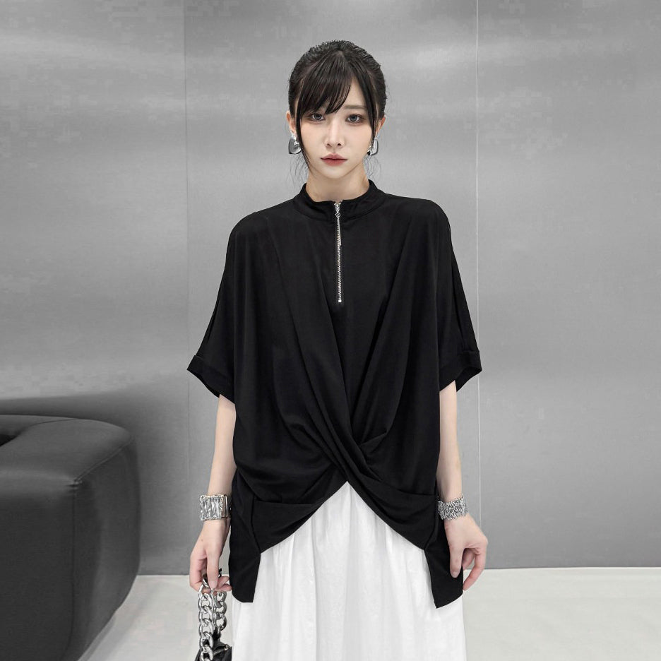【トップス】モード系 ジップデザインTシャツ レディース 夏 半袖 アシンメトリー 裾デザイン ゆったり【AHシリーズ】