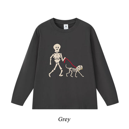 6カラー | S~3XL【トップス】スカル犬 散歩プリント Tシャツ 長袖 ユニセックス ペットオーナー向け カジュアル【FCシリーズ】