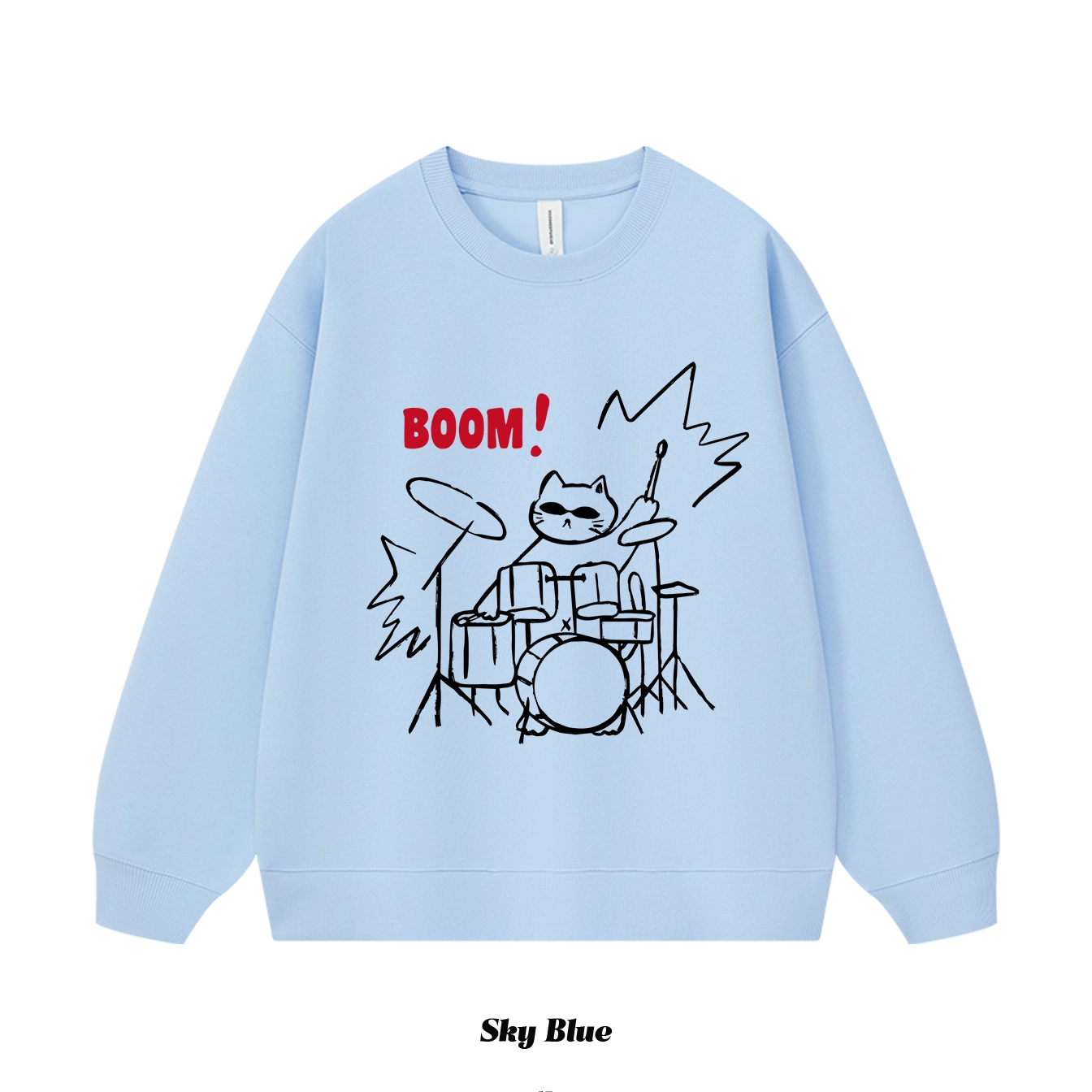 7カラー | S~3XL【トップス】ロックドラムキャット 手描き風アメリカンプリント クルーネックスウェット 秋 ユニセックス ルーズ パーカー【FCシリーズ】