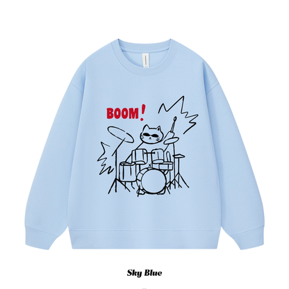 7カラー | S~3XL【トップス】ロックドラムキャット 手描き風アメリカンプリント クルーネックスウェット 秋 ユニセックス ルーズ パーカー【FCシリーズ】