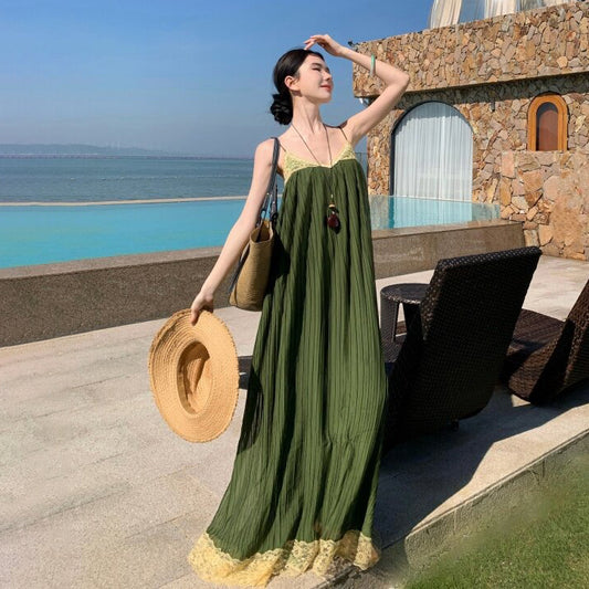 【ワンピース】海島リゾート風 シフォンキャミワンピース ふんわり大フレア ロング丈 海辺&旅行コーデ ノースリーブドレス【SHシリーズ】