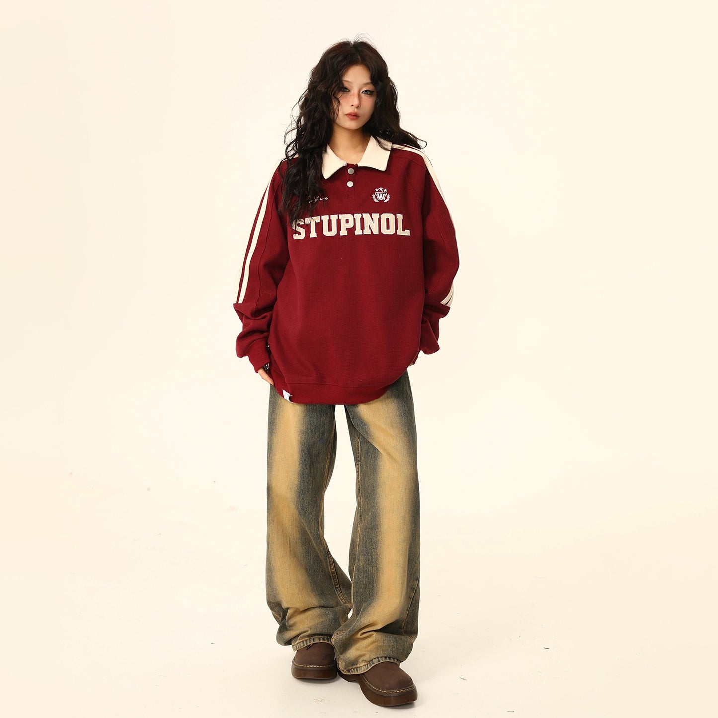 【トップス】ヴィンテージ ポロカラー スウェット レディース ゆったり カジュアル ユニセックスペアコーデ パーカー【FCシリーズ】