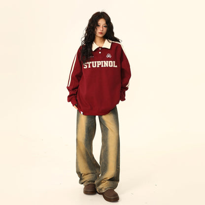 【トップス】ヴィンテージ ポロカラー スウェット レディース ゆったり カジュアル ユニセックスペアコーデ パーカー【FCシリーズ】