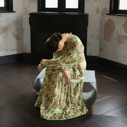 【ワンピース】【30-35日内発送】フレンチ レトロ プリント パフスリーブワンピース ゆったり Vネック 長袖ワンピース【SHシリーズ】