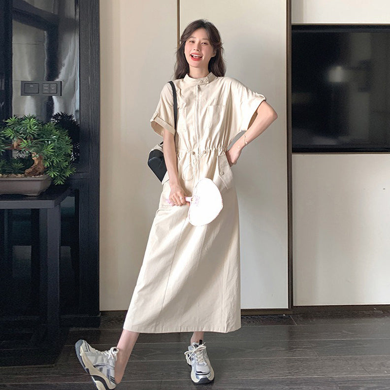 【ワンピース】韓国風ワンピース 夏 気質 ハイウエスト 半袖 ワーク風 ロングワンピース【JZシリーズ】
