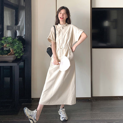 【ワンピース】韓国風ワンピース 夏 気質 ハイウエスト 半袖 ワーク風 ロングワンピース【JZシリーズ】