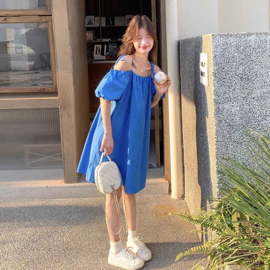 【ワンピース】フレンチリゾートワンピース レディース ブルー オフショルダー ボリューム袖 大人可愛い バカンススタイル【JZシリーズ】