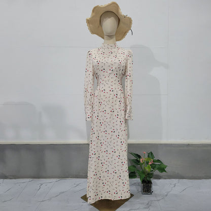 【24AW】【ワンピース】春秋 花柄 ゆったり長袖ワンピース