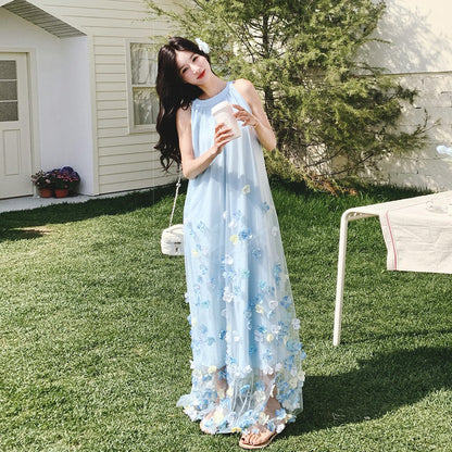 【ワンピース】夏 フレンチ風 かわいらしく優しい 立体花柄 ノースリーブワンピース【SHシリーズ】