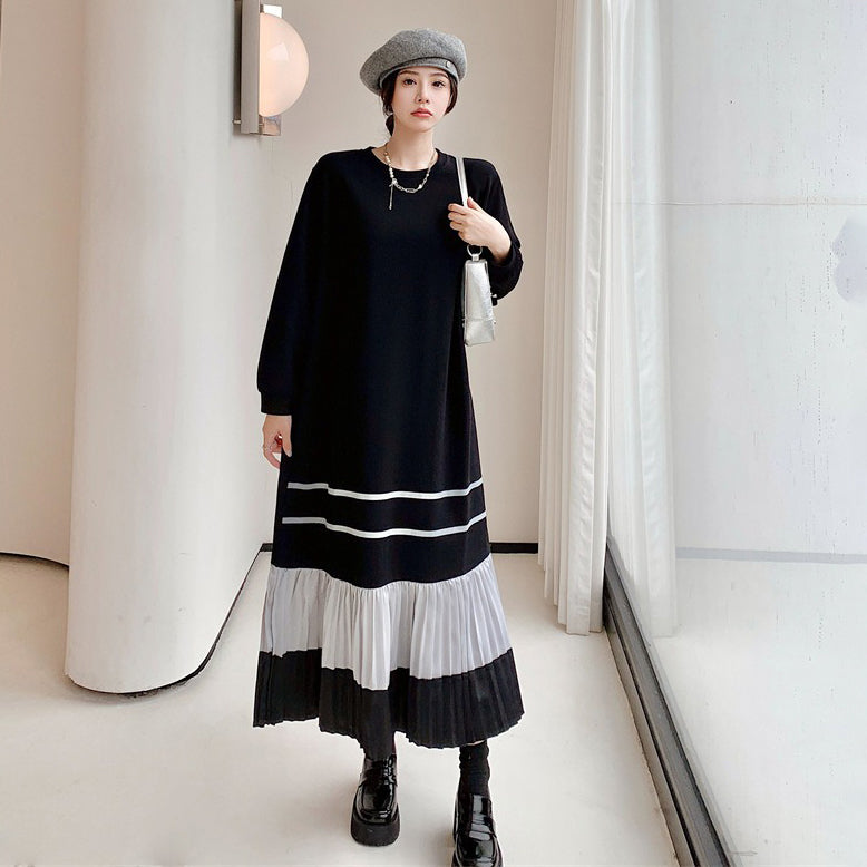 【ワンピース】韓国風 エレガント体型カバー 長袖ワンピース 大きいサイズ 着痩せ 膝下丈【JZシリーズ】