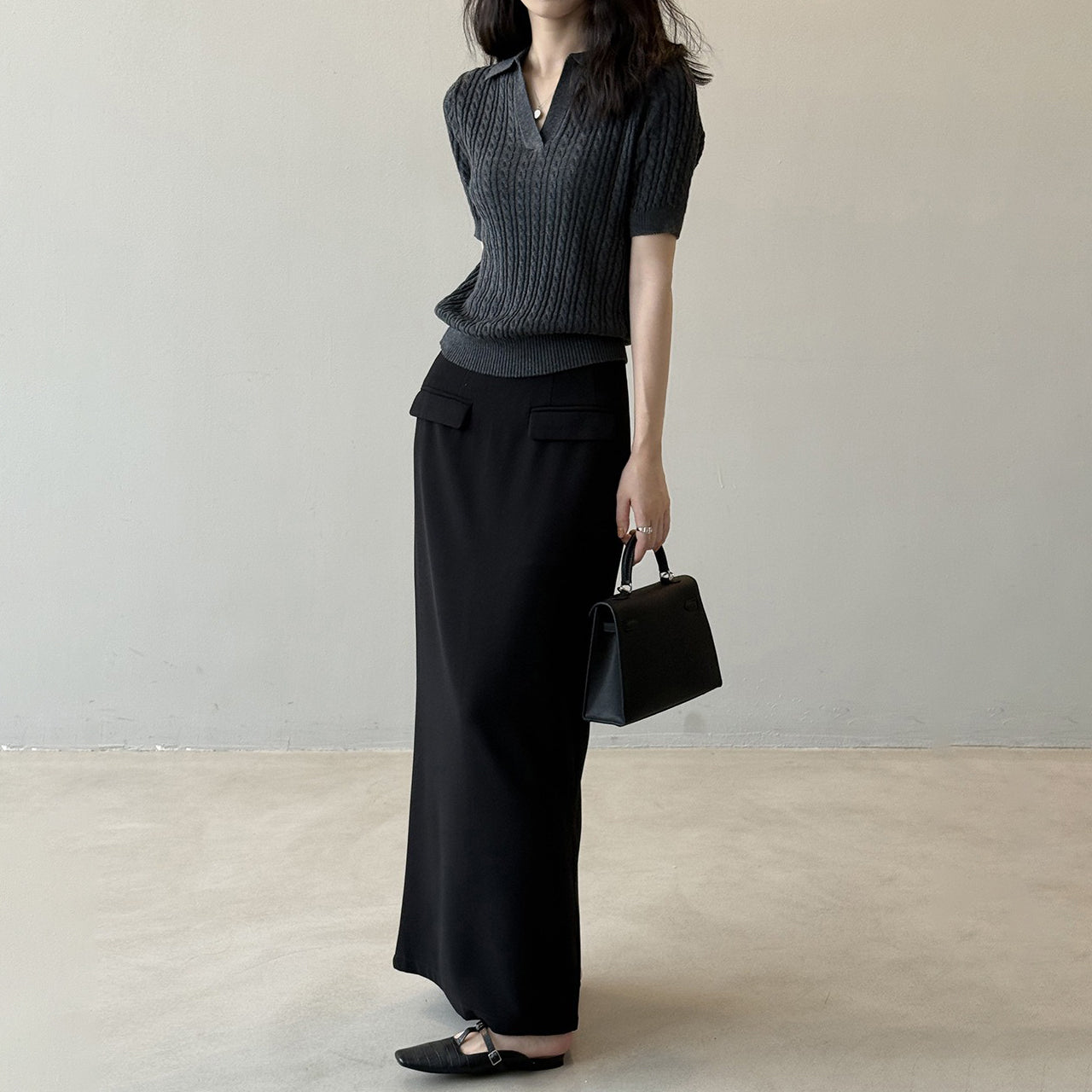 【トップス】ヴィンテージケーブル編みポロニット 半袖Tシャツ レディース 秋 Vネック スリムショート丈トップス【JZシリーズ】