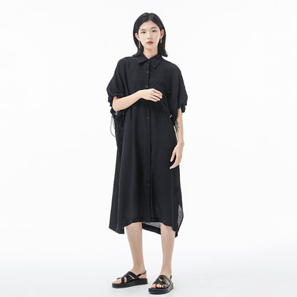 【ワンピース】韓国チック ギャザー 半袖 シャツワンピース レディース 夏 薄手 ロング丈 体型カバー おしゃれ 大人カジュアル【JZシリーズ】
