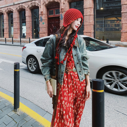 【セットアップ】ボヘミアン風 ウォッシュド加工 デニムジャケット＋ノースリーブワンピース 春秋 フレンチ 花柄 2点セット【SHシリーズ】