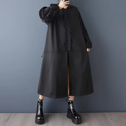 【アウター】春秋新作 フード付き 長袖 トレンチコート ゆったり 大きいサイズ 無地 ロング丈【AHシリーズ】