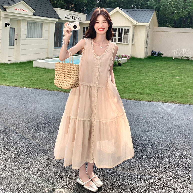 【ワンピース】フレンチ風 ノースリーブワンピース レディース 夏 レースデザイン Aライン 細見え 大人可愛い【JZシリーズ】