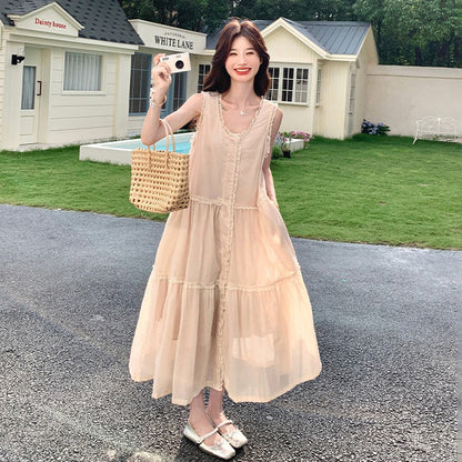 【ワンピース】フレンチ風 ノースリーブワンピース レディース 夏 レースデザイン Aライン 細見え 大人可愛い【JZシリーズ】