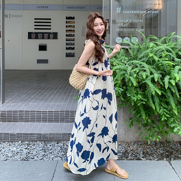 【ワンピース】リゾート風 夏 フレンチエレガンス ゆったりシルエット 足首丈 ノースリーブ花柄ワンピース【SHシリーズ】