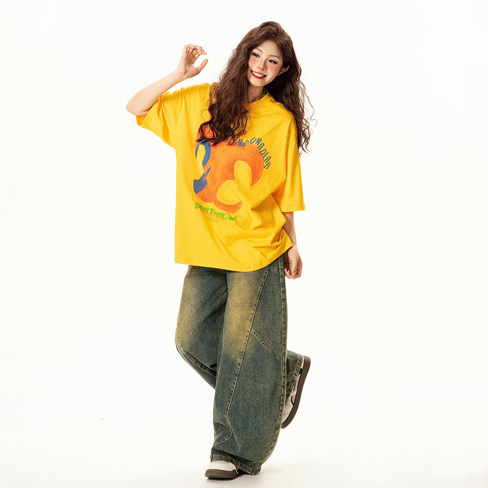 【トップス】アメリカンレトロ 抽象アップル柄 半袖Tシャツ レディース 夏 デザイン感 ゆったり カジュアル【FCシリーズ】【15〜20日発送】