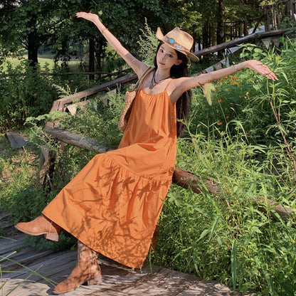 【ワンピース】オレンジ キャミワンピース レディース コットン リゾート風 ロングワンピース ノースリーブ ゆったり 海辺コーデ 体型カバー【SHシリーズ】