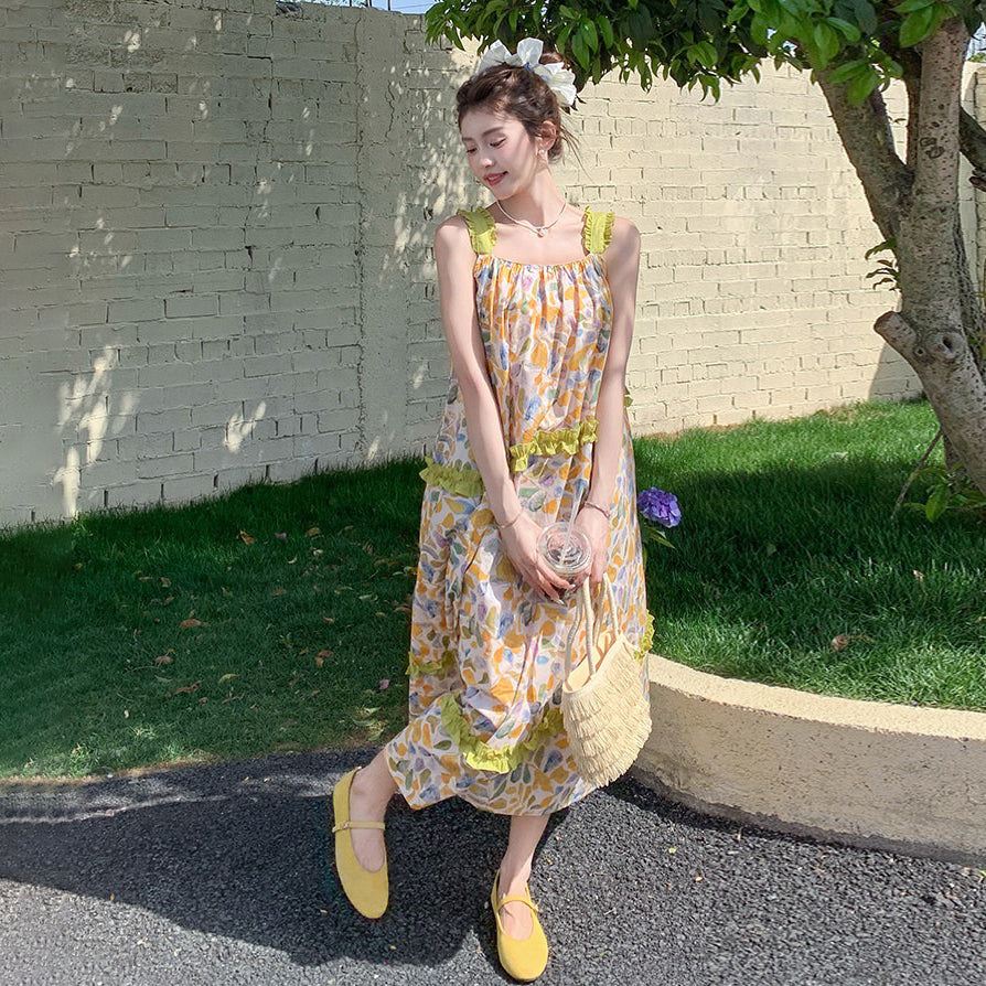 【ワンピース】大人可愛い 花柄 キャミワンピース レディース 夏 フリル 配色デザイン ノースリーブ ロング丈 フェミニン ワンピース【SHシリーズ】