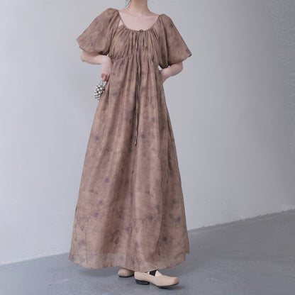 【ワンピース】新中式 禅スタイル 枯色染め アート感漂う 半袖ワンピース【SHシリーズ】